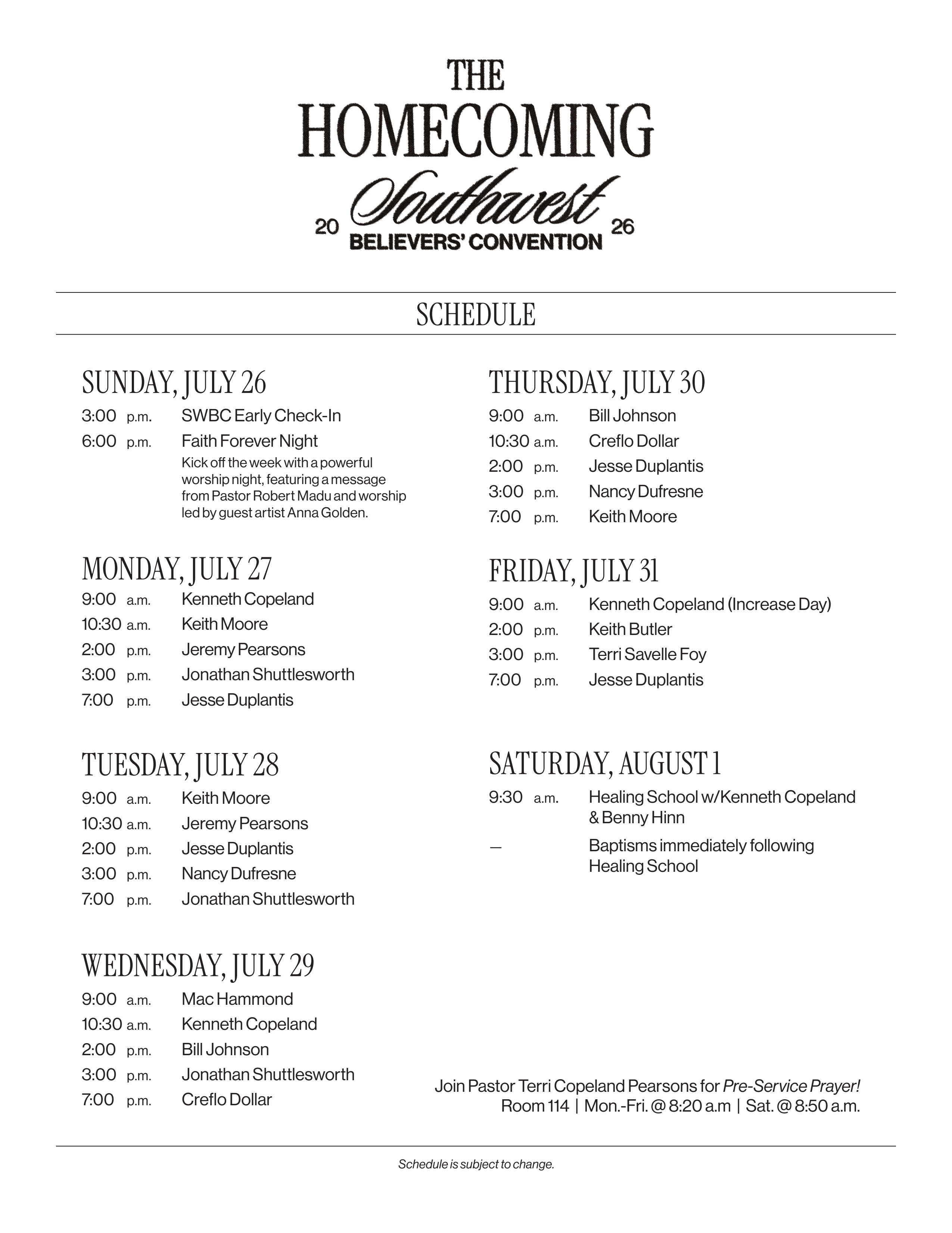 SWBC 2026 Speaker Schedule Kenneth Copeland Ministries