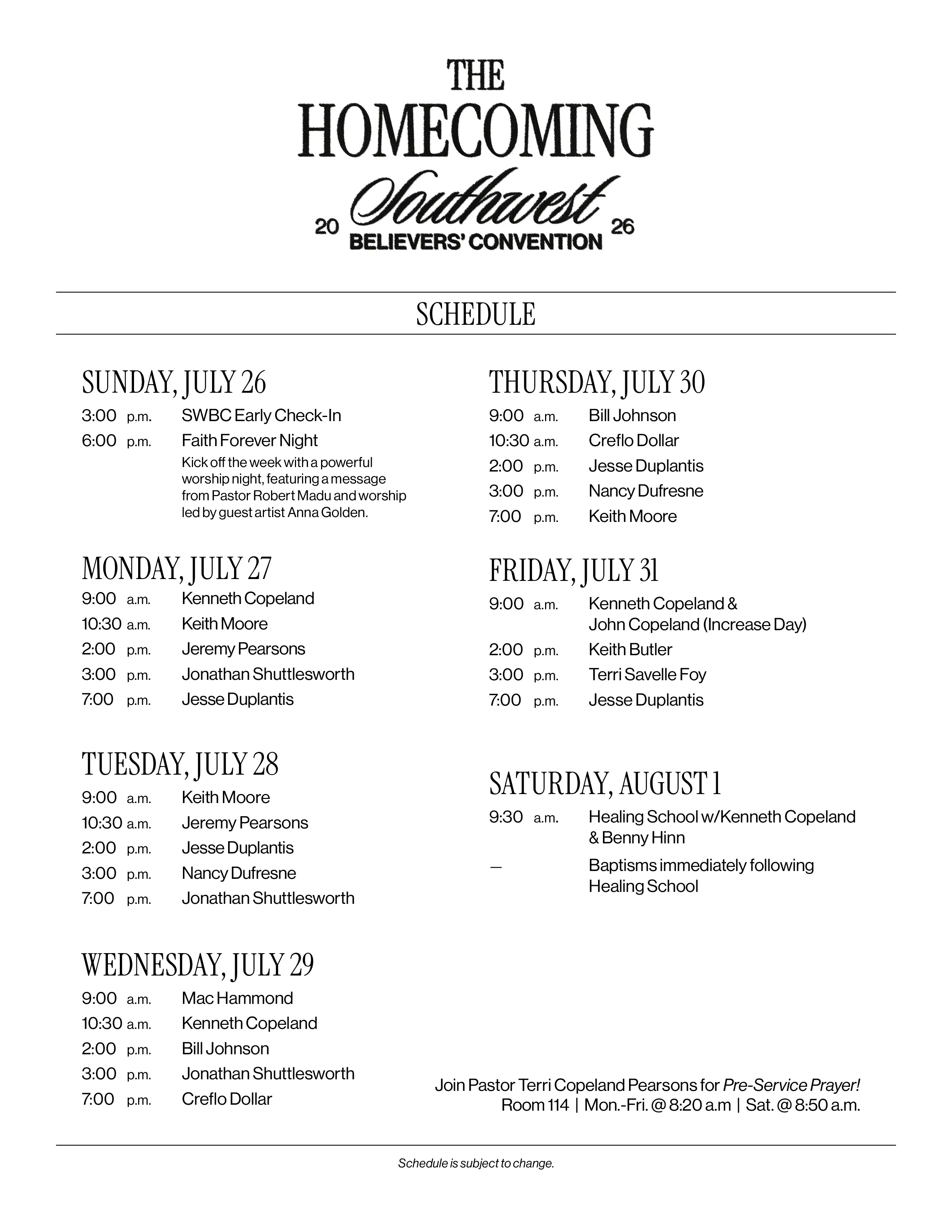 SWBC 2026 Speaker Schedule Kenneth Copeland Ministries